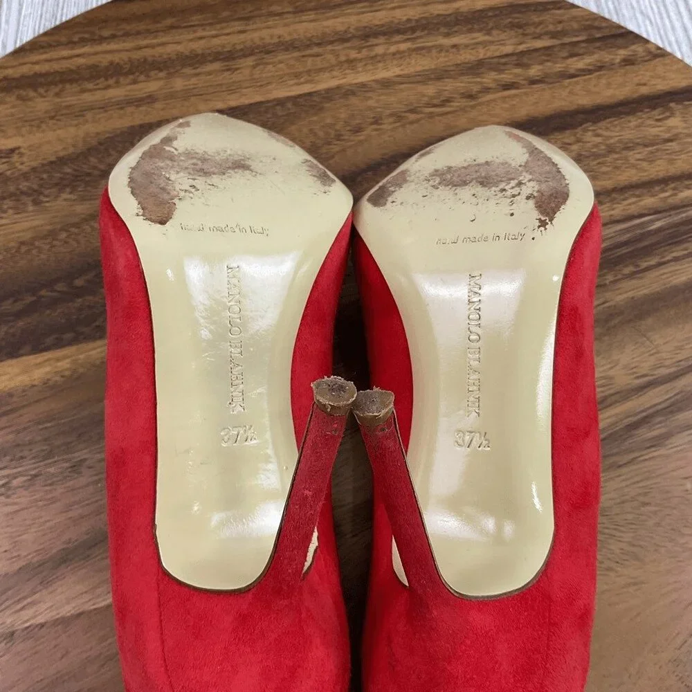 Manolo Blahnik BB 105 Red Suede Shoes Pumps Heels Pointed Toe